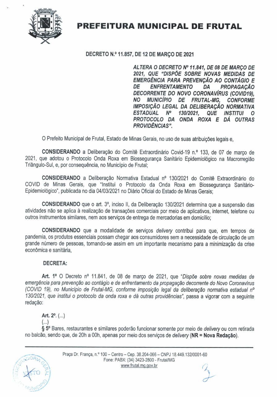 A PREFEITURA DE FRUTAL ALTEROU OS HORÁRIOS DE FUNCIONAMENTO DE BARES, LANCHONETES, RESTAURANTES E DISK BEBIDAS