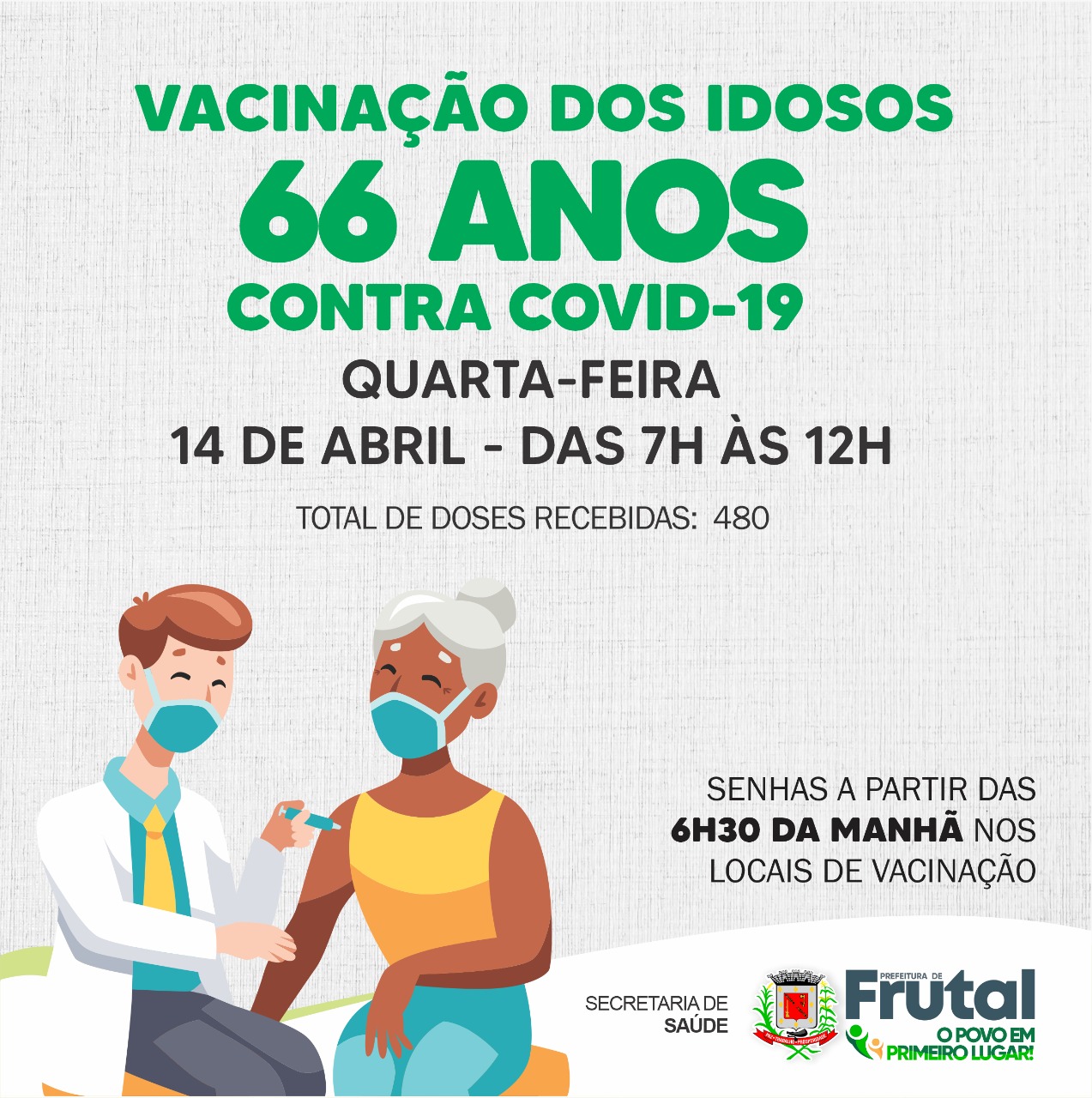 NESTA QUARTA-FEIRA, DIA 14 DE ABRIL, FRUTAL IRÁ IMUNIZAR O GRUPO PRIORITÁRIO DE 66 ANOS