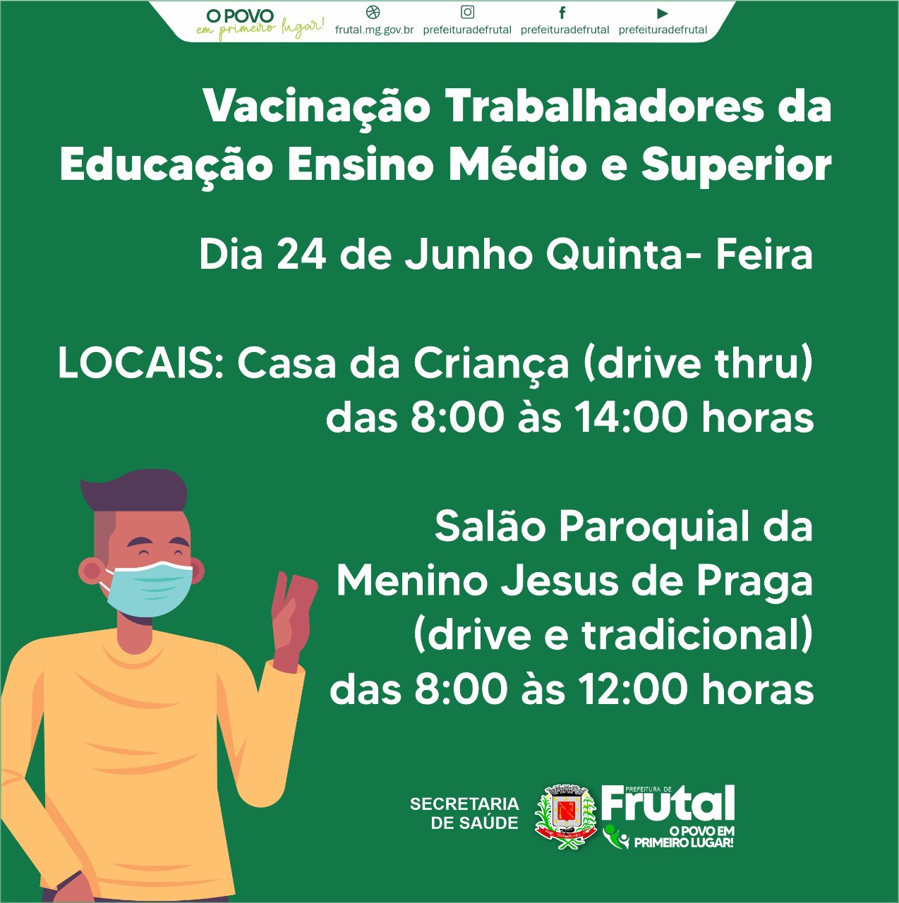 TRABALHADORES DA EDUCAÇÃO DO ENSINO MÉDIO E SUPERIOR SERÃO VACINADOS CONTRA A COVID NESTA QUINTA-FEIRA (24)