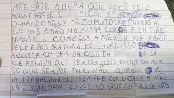 MENINA DE 9 ANOS ESCREVE CARTA DENUNCIANDO ASSÉDIOS DO PADRASTO E COLOCA NA BOLSA DA MÃE