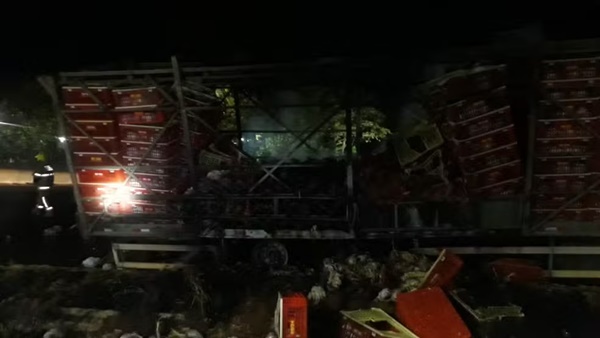 CAMINHÃO COM 3.500 FRANGOS PEGA FOGO EM UBERLÂNDIA