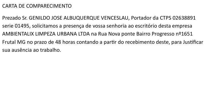 CARTA DE COMPARECIMENTO