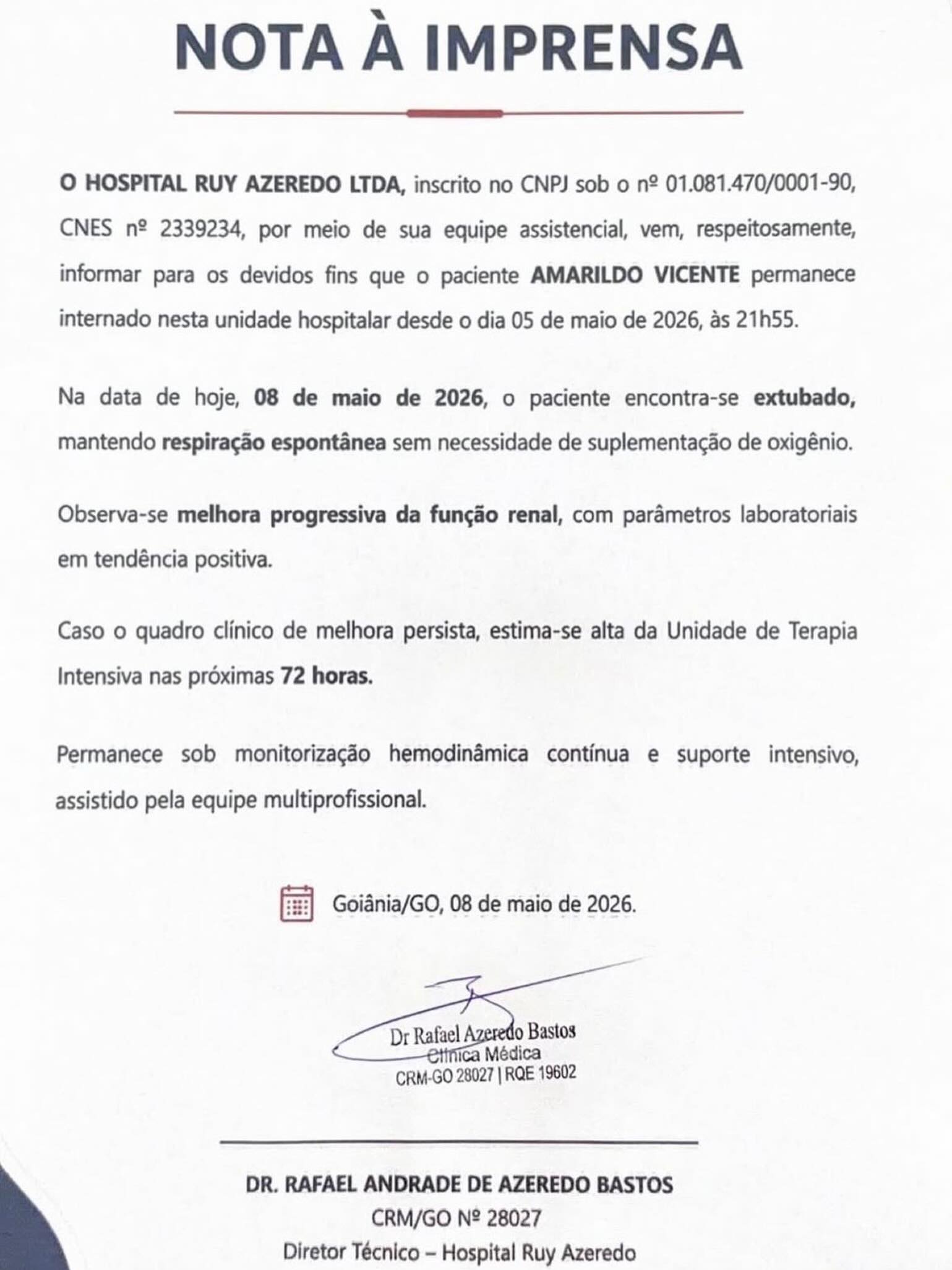 CANTOR RAY APRESENTA EVOLUÇÃO POSITIVA E PODE DEIXAR A UTI NOS PRÓXIMOS DIAS