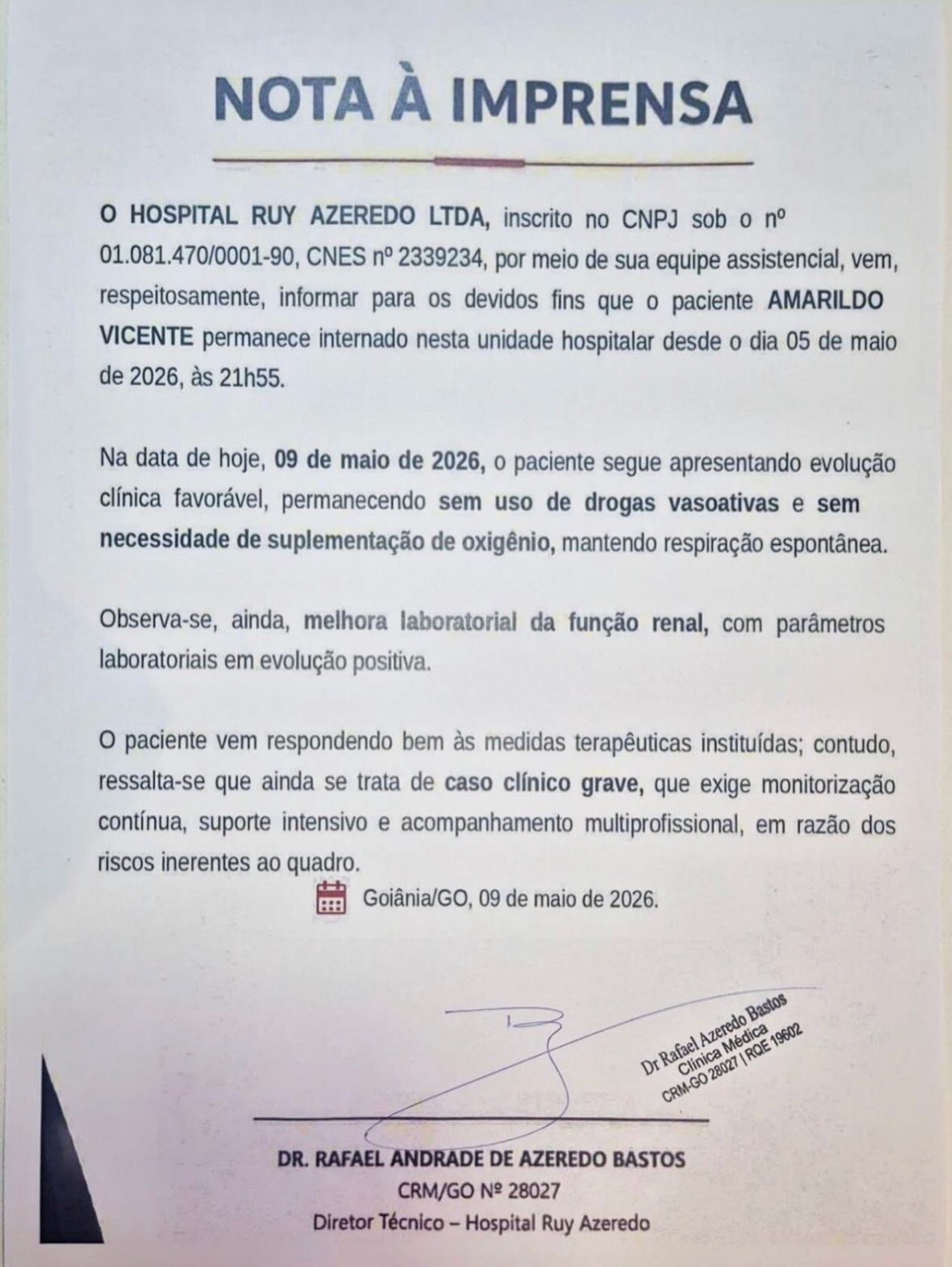 CANTOR RAY SEGUE COM EVOLUÇÃO POSITIVA, MAS QUADRO AINDA É GRAVE