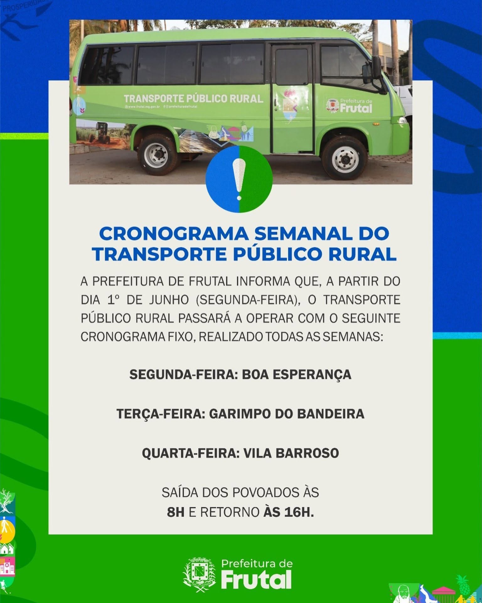 TRANSPORTE PÚBLICO RURAL DE FRUTAL PASSA A TER NOVO CRONOGRAMA SEMANAL