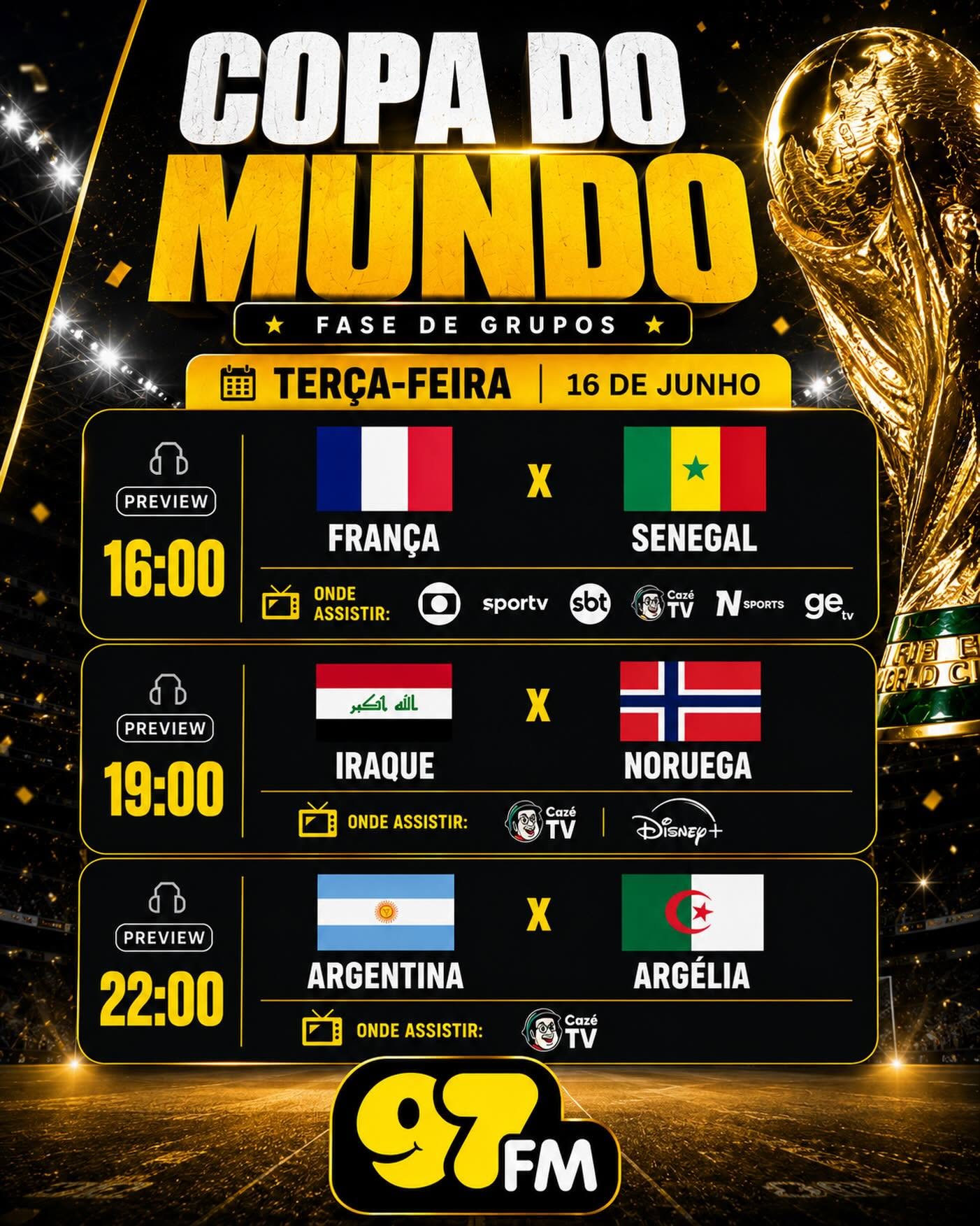 CONFIRA OS JOGOS DESTA TERÇA-FEIRA (16) PELA COPA DO MUNDO 2026