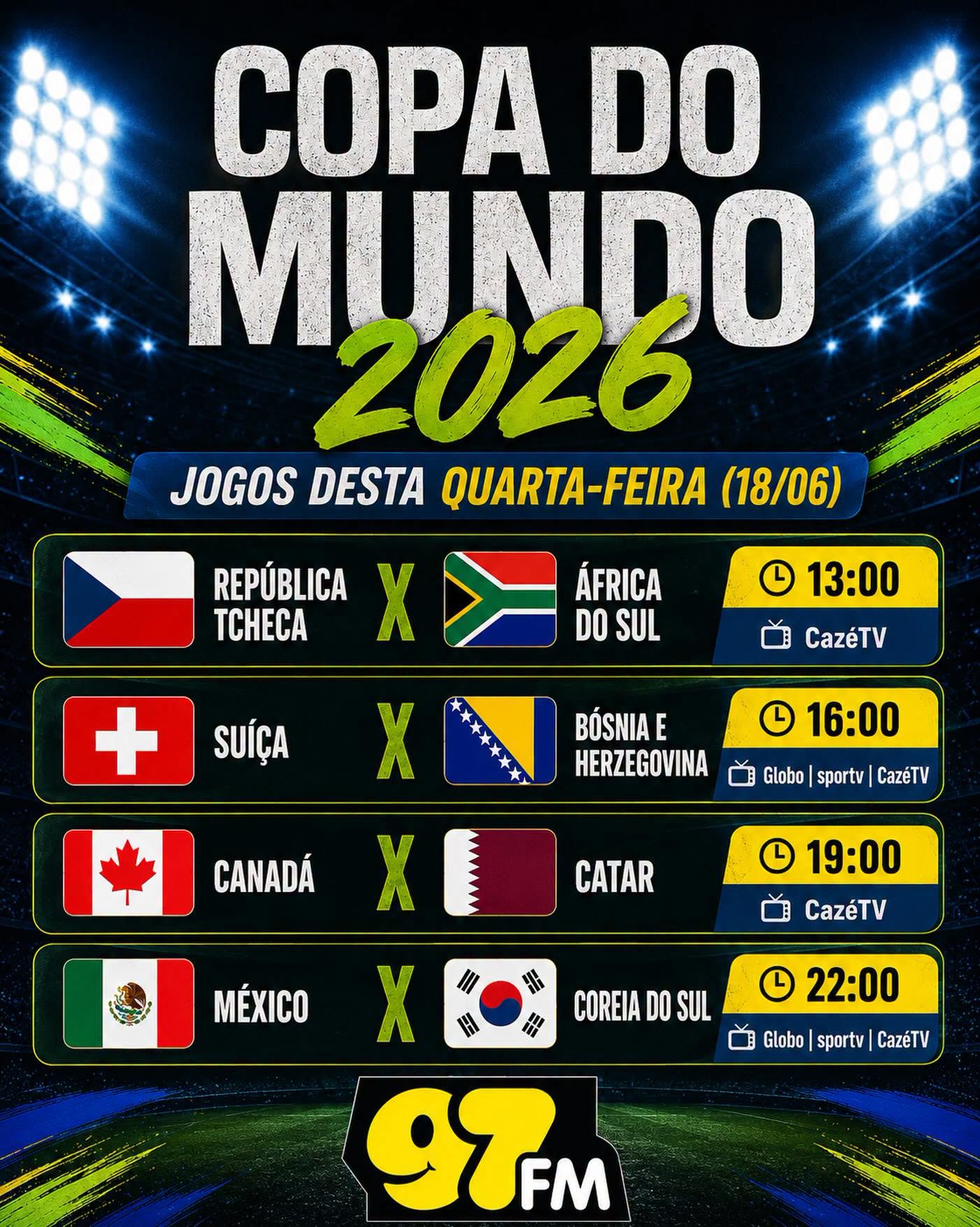 CONFIRA OS JOGOS DESTA QUARTA-FEIRA (18) PELA COPA DO MUNDO 2026