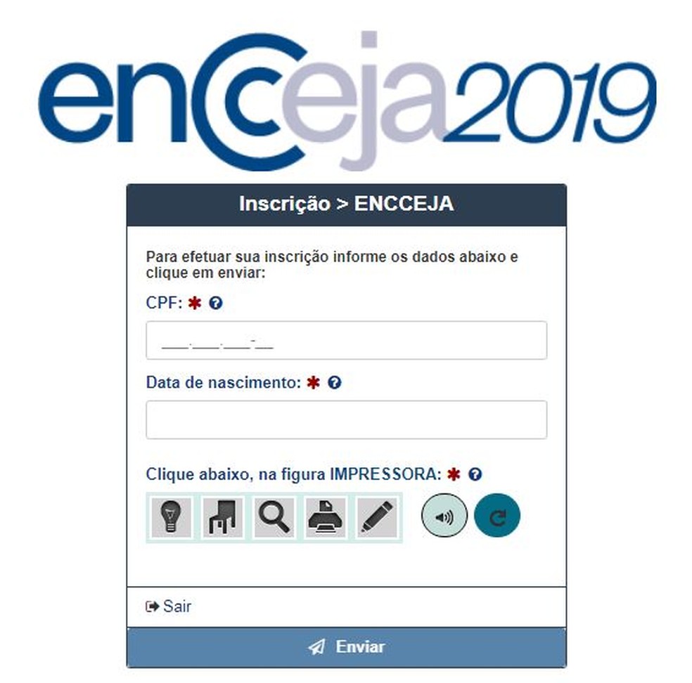 Para iniciar a inscrição no Encceja 2019 é preciso inserir número do CPF e data de nascimento — Foto: Reprodução